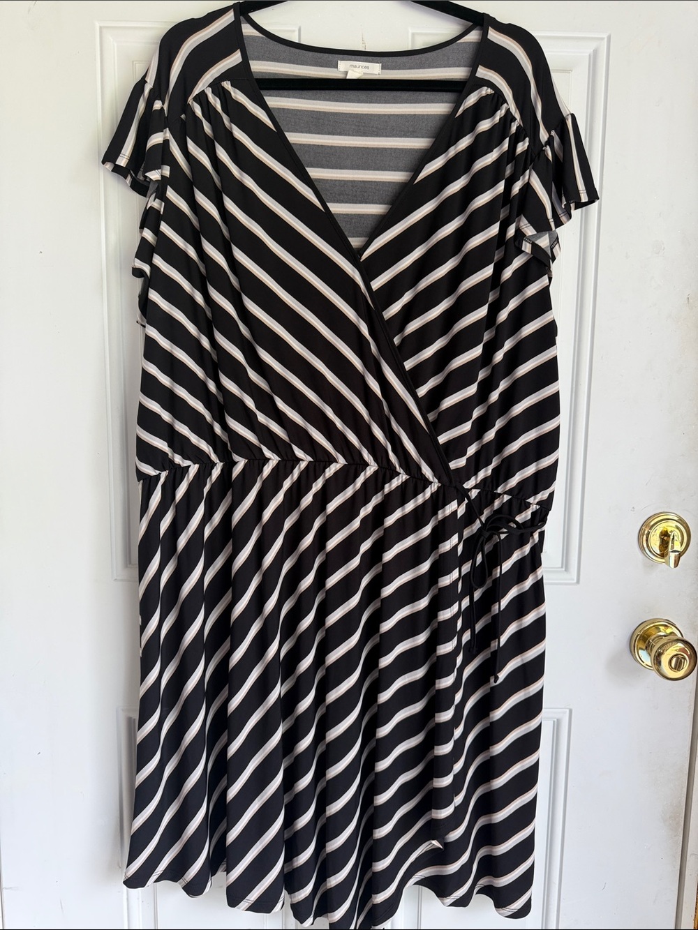Maurices Black/White/tan Striped Midi Wrap Dress